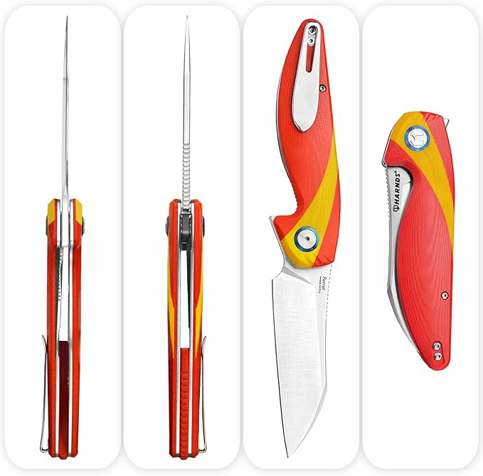 Parrot Folding Pocket Knife with Clip and Blade Lock, 8.4" EDC Folding Knife with Sweatproof G10 handle and 14C28N Stainless Blade (Red & Yellow)