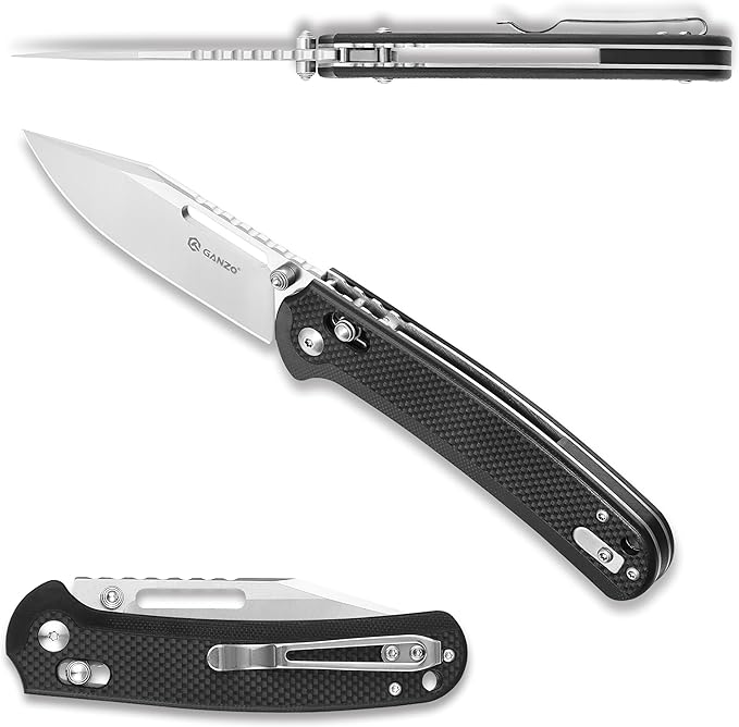 Ganzo G768-BK EDC Folding Pocket Knife Razor Sharp D2 Stainless Steel Blade G10 Handle with Clip Outdoor Foldable Not Automatic Knife Hunting Fishing Hiking Gear Best Gift for Men (Black)