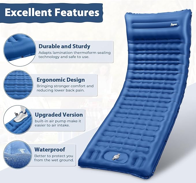 Super Thick Camping Sleeping Pads 76.7 x 26 x 5 Inflatable Sleeping Mat with Pillow Built-in Pump,Ultralight & Portable Backpacking Sleeping Pad with Carry Bag for Camping Hiking,Blue