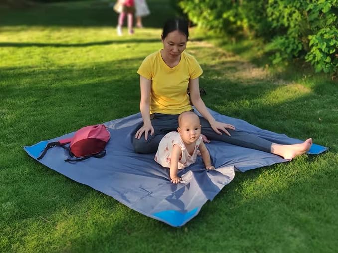 Orga'Neat Outdoor Pocket Blanket, 55”*60” Foldable Compact Lightweight Fast Dry Thin Tarp Mat for Picnic Camping Hiking Backpacking, Water-Resistant, Easily Put in Small Bag -Grey/Blue