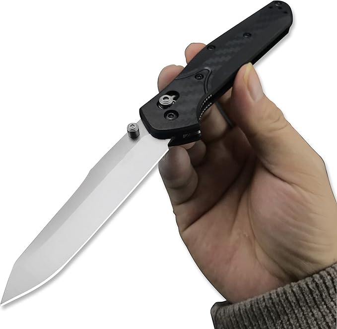 7.8 inch EDC Folding Pocket Knife For Men, 3.3 inch Satin Plain Edge Reverse Tanto Blade , Black Grivory Fiberglass Super Lightweight Handle Axis Lock With Belt Clip, Everyday Carry Thumb Studs Manual Open