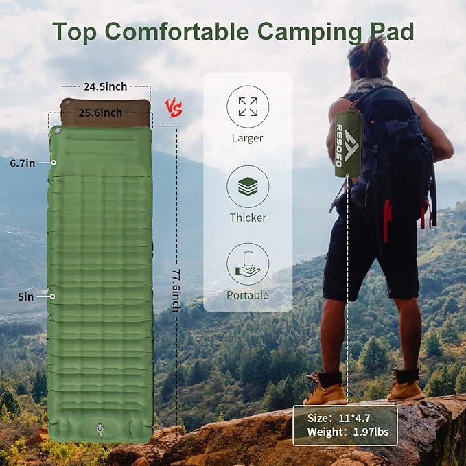 Sleeping Pad for Camping,5" Ultra-Thick Camping Mattress with Pillow Built-in Foot Pump, Self Inflating Camping pad for Backpacking, Car Camping, Hiking, Tent(Green)