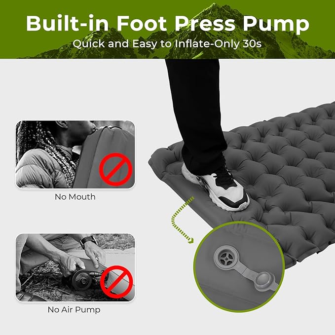 ATEPA Sleeping Pad for Camping Backpacking, Ultralight Inflatable Camping Air Mattress with Built-in Foot Pump & Pillow, 77"X27"Waterproof & Compact Sleeping Mat Hiking Trekking Inflatable Pad Grey