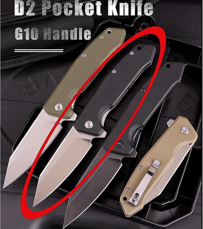 Tactical Folding Pocket Knife 3.5" D2 Drop Blade G10 Handle W/Clip for Men Woman Outdoor EDC Fathers Day Gift