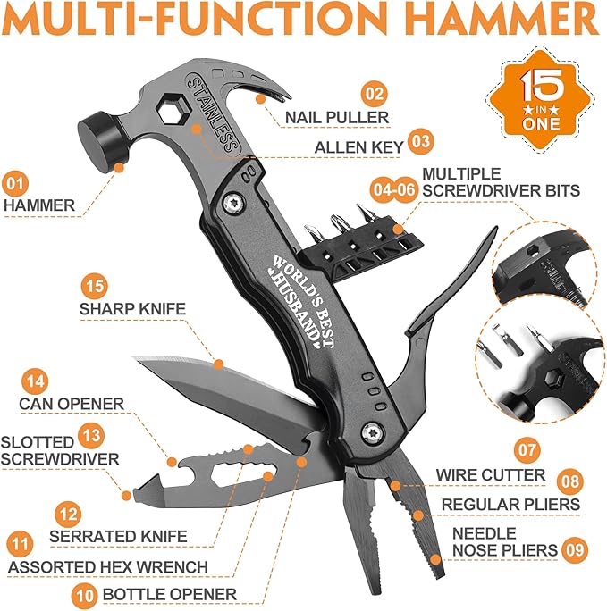 Husband Gifts for Valentines Day - Fathers Day Husband Gifts for Him, Husband Birthday Gift - 15 in 1 Multitool Hammer, Husband Gifts from Wife - Anniversary Christmas Ideal Gifts for Men Him