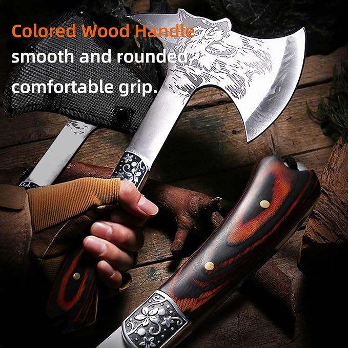 Stainless Steel Camping Hatchet with Sheath, 12.59" Wooden Handle Tactical Hatchet for Outdoor, Hunting, Adventure, Emergency YH22-01