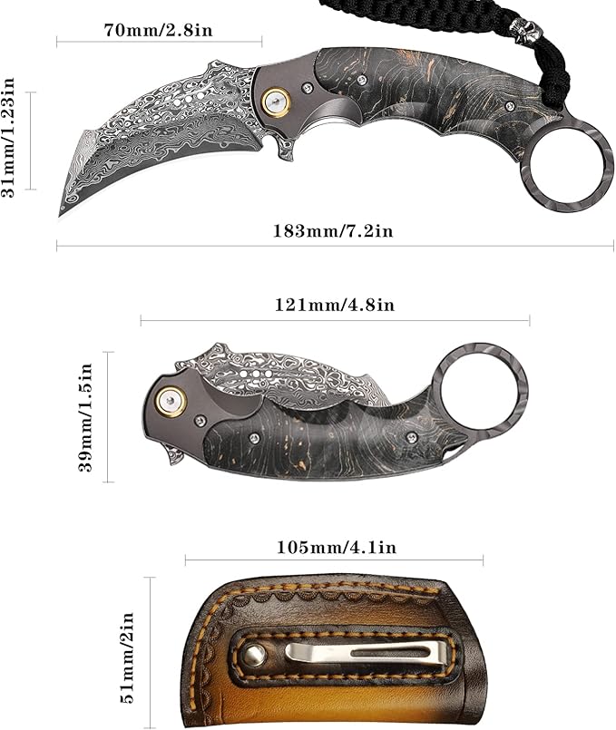 Handmade Damascus steel Folding Pocket EDCKnife，with cowhide sheath And pocket clip，2.8in blade Claw Hawkbill Folding Knife，Lining lock, wooden handle，Outdoor survival first-aid camping knife