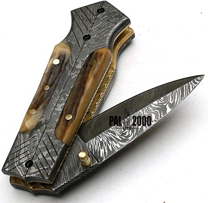 PAL 2000 KNIVES FOL-8897 Handmade Damascus Steel Blade Folding Pocket Hunting Knife with Sheath