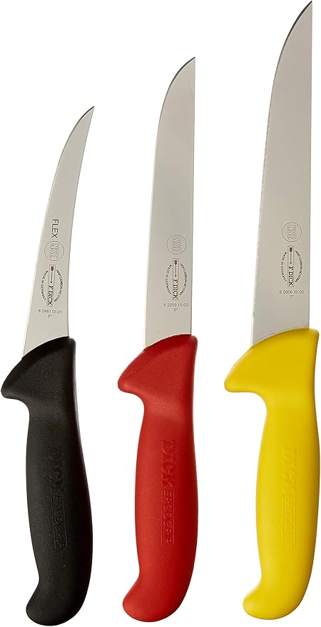 F. DICK – ErgoGrip Knife Set - 3 piece butcher knife set consisting of flexibel boning knife, wide boning knife & cut-off knife - NSF Certified - Stainless steel - Ultra sharp - Made in Germany