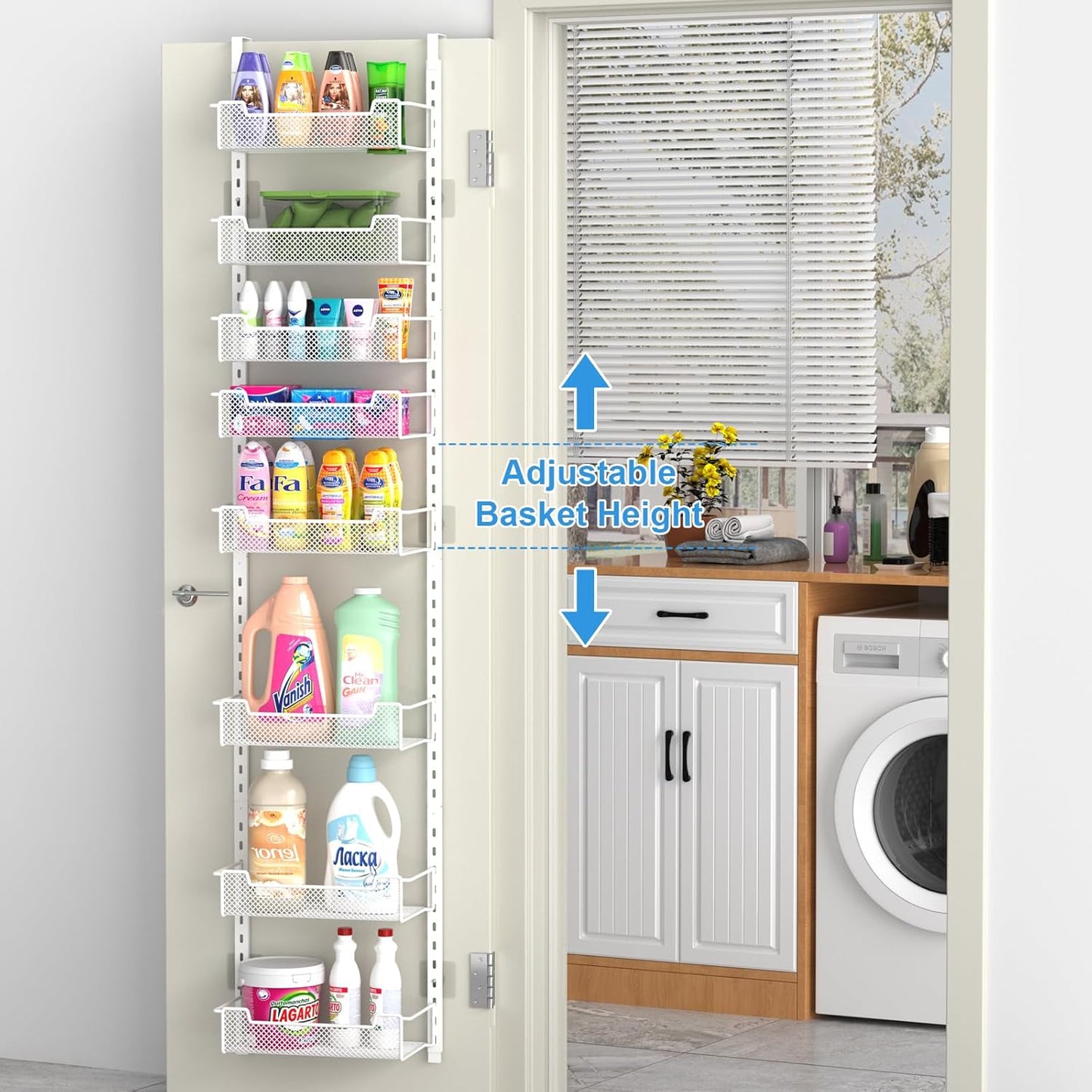 12.3" W Narrow Over the Door Pantry Organizer, 8-Tier Over the Door Organizer with Adjustable Basket, Pantry Door Organization for Pantry Kitchen Storage Room Spice Rack, White