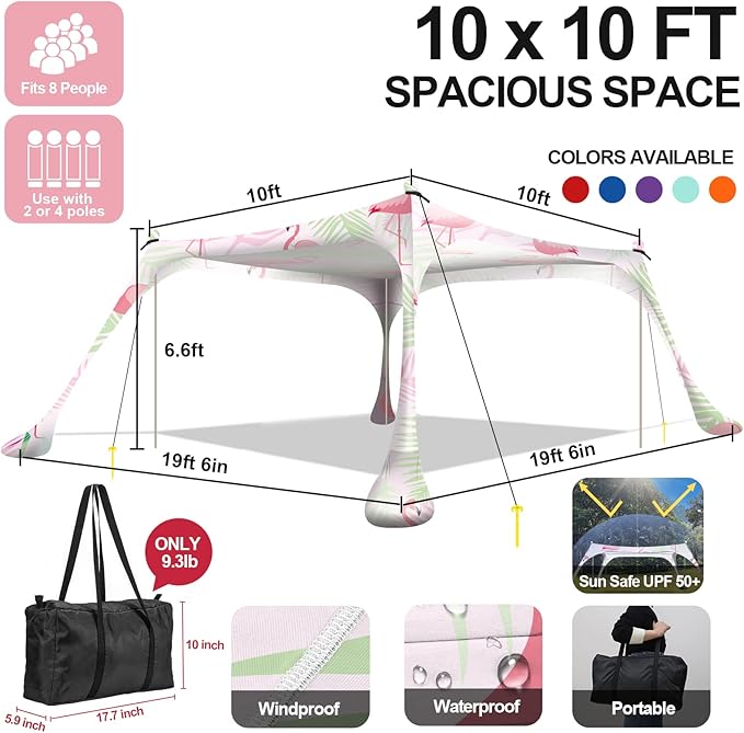 Buheco Beach Tent Pop Up Shade 10x10ft Beach Canopy Sun Shelter UPF50+ with 4 Foldable Poles-Portable Carrying Bag-Sand Shovel-Ground Pegs-Windproof Ropes for Outdoor Family Camping-Fishing- Picnic