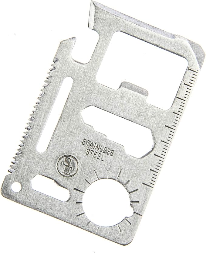 SE 11-Function Stainless Steel Survival Pocket Tool - Compact, Credit Card-Sized Multi-Tool with Leatherette Case - Ideal for Camping, Hiking, and Outdoor Activities- MT908-1