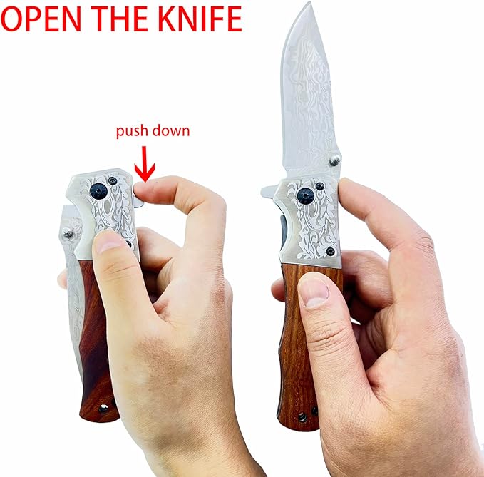 Pocket Folding Knife with 3.5”Stainless Steel blade and wood handle -Folding hunting camping Knife with liner-lock and pocket clip