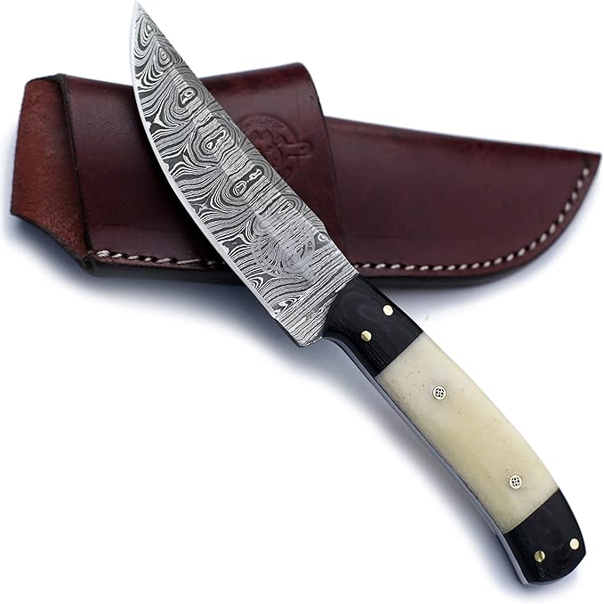 Handmade Damascus Steel Knife Bowie for Edc,Hunting,Survival,Camping,Bushcraft and Fishing-Fixed Blade with Drop point Blade Full Tang Bone Handle with Cowhide-Leather Sheath - WKD-774