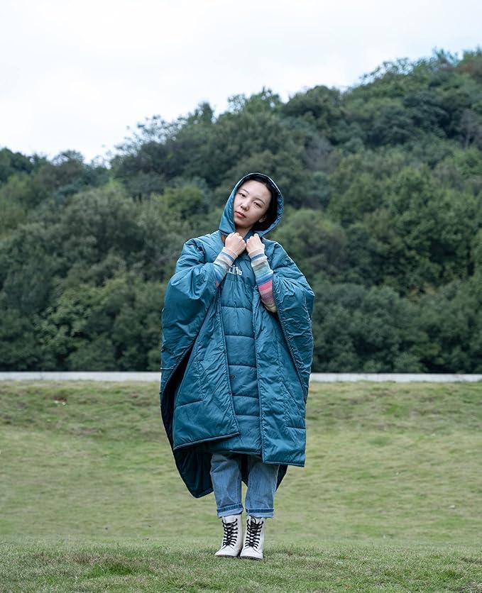 iClimb Hooded 3M Thinsulate Insulation Warm Camping Blanket Wearable Poncho Ultralight Compact (Blue)