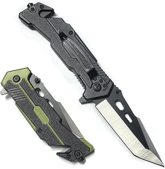 HELLOWZXD Folding Pocket Knife - Glass Breaker,Strap Cutter,7mov13 Stainless Steel Tanto Folding Knives - Smoothy Ball Bearing,Aluminum Handle w Clip EDC Knife for Survival Camping Hiking
