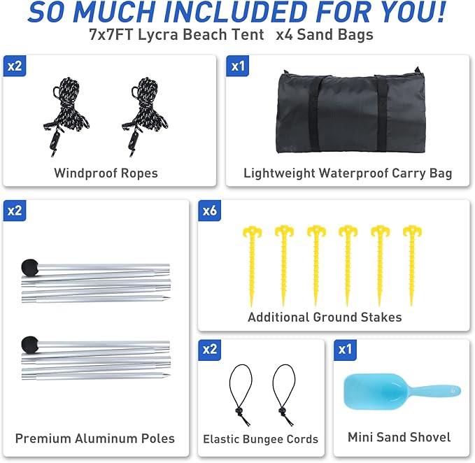 Beach Tent Pop Up Shade Canopy Sun Shelter UPF50+ with 2 Stability Poles/Carry Bag/Ground Pegs/Sand Shovel/Windproof Ropes Portable Outdoor Family Sunshade for Beach Camping (Orange, 7×7FT)