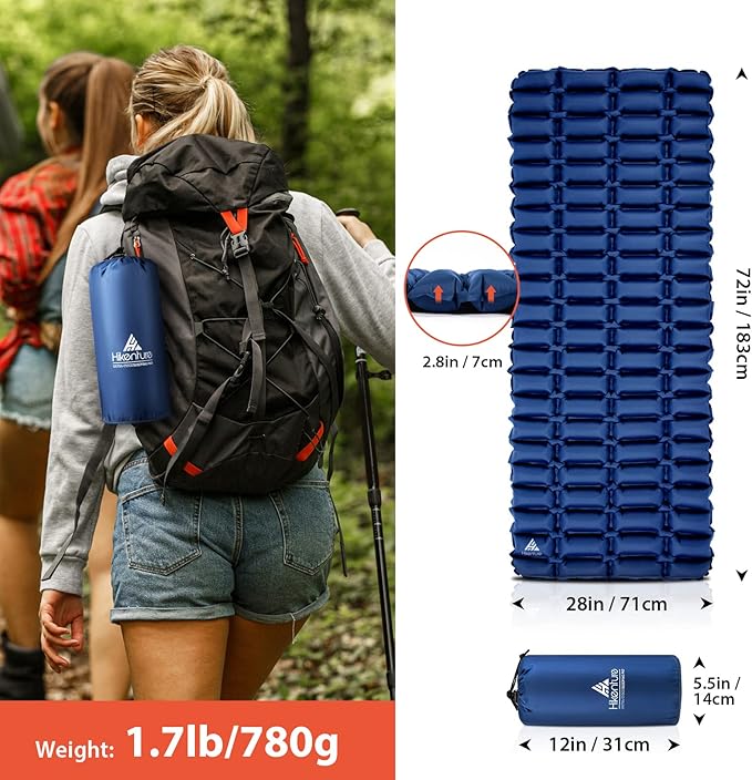 Hikenture Double Sleeping Pad,Ultralight Camping Mattress 2 Person,Backpacking Pad with Pump Sack,Inflatable Air Mat for Tent(1037-B2) (Dark Blue, 72" L x 28" W)