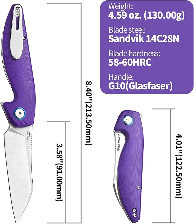 Parrot Folding Pocket Knife with Clip and Blade Lock, 8.4" EDC Folding Knife with Sweatproof G10 handle and 14C28N Stainless Blade (Purple)