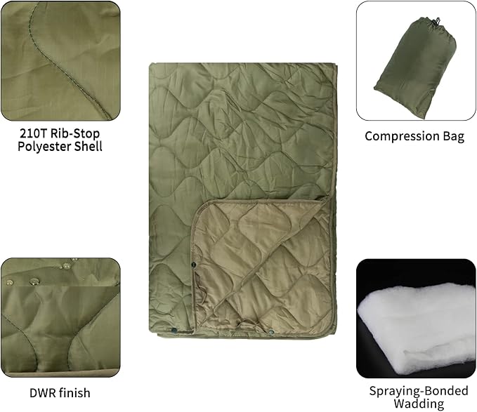 Poncho Liner Military Woobie Outdoor Camping Woobie Blanket for Travel, Beach, Grass, Picnic, Car Emergency, Outdoor, Survival