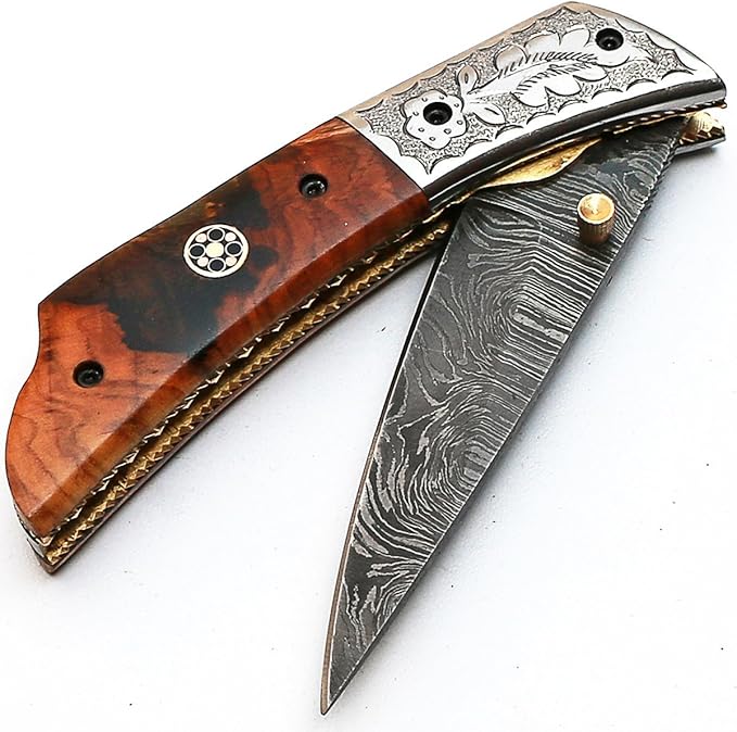 PAL 2000 KNIVES FOL-8832 Handmade Damascus Steel Folding Pocket Hunting Knife with Sheath