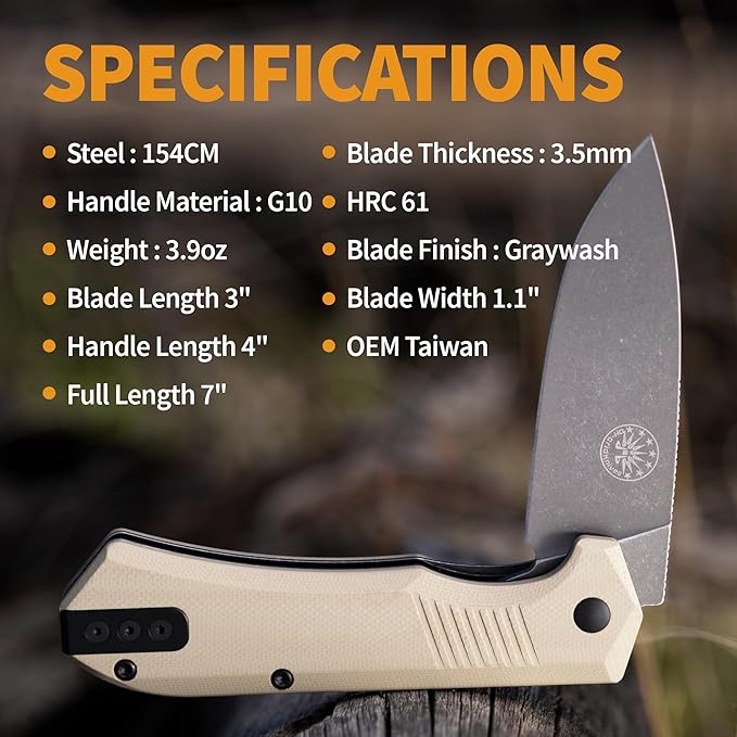 Off-Grid Knives - Stinger EDC Folding Knife with Drop Point Blade, Full Flat Grind, Crucible 154CM Steel, G10 Scales, Deep Carry Clip, Everyday Carry (Coyote)
