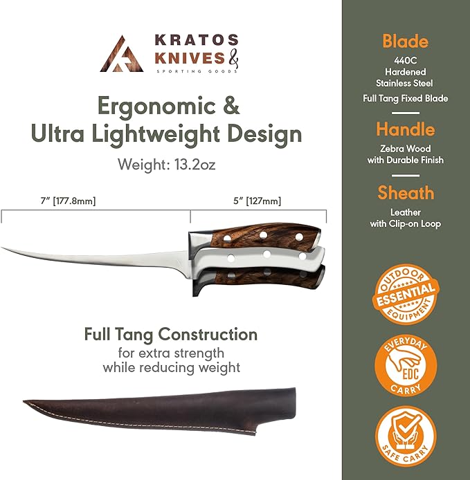 Bushcraft Fillet Knife, 12 Inch Best Fillet Knife for Fish, Boning Knife for Meat Cutting, 440C Stainless Steel Fish Fillet Knife by Kratos - ZF4F