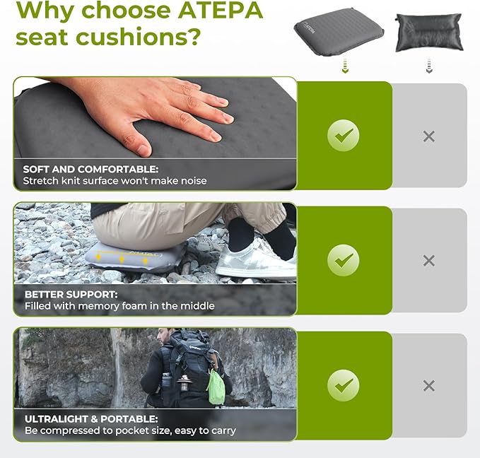 ATEPA Inflatable Seat Cushion Lightweight Self-Inflatable Memory Foam Seat Cushion for Stadium Airplane Trevel, Waterproof Portable Seat Cushion Best for Backpacking Camping Chair Pad, Grey