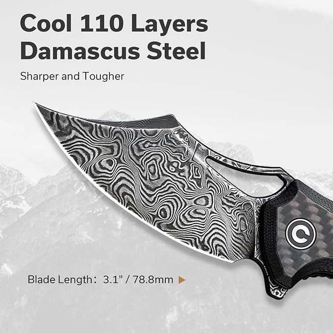 CIVIVI Chiro Pocket Knife for EDC, Folding Knife with Flipper 3.1" Damascus Blade Carbon Fiber Overlay On Black G10 Handle, Utility Knife for Men Women C23046-DS1