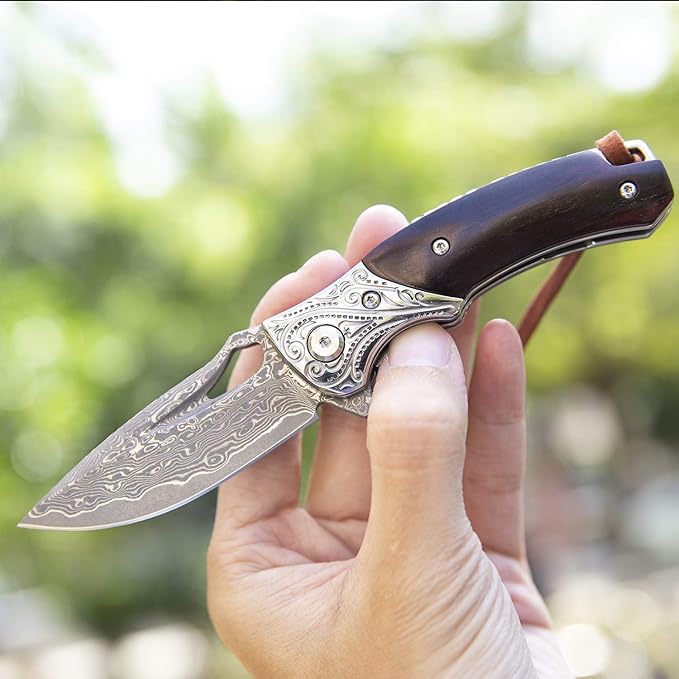 Japanese handmade vg10 damascus steel folding knife with pocket clip,leather sheath,rosewood handle knives for men