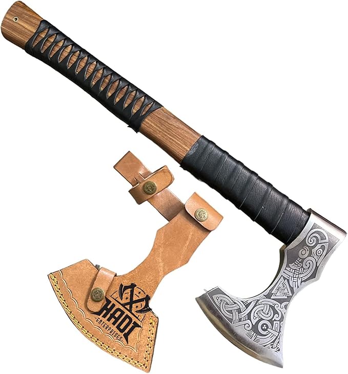 Viking Axe, Custom Handmade Carbon Steel Small Bearded Camping Axe, Rosewood Handle Camping Hatchet with Sheath 20 Inches Ax