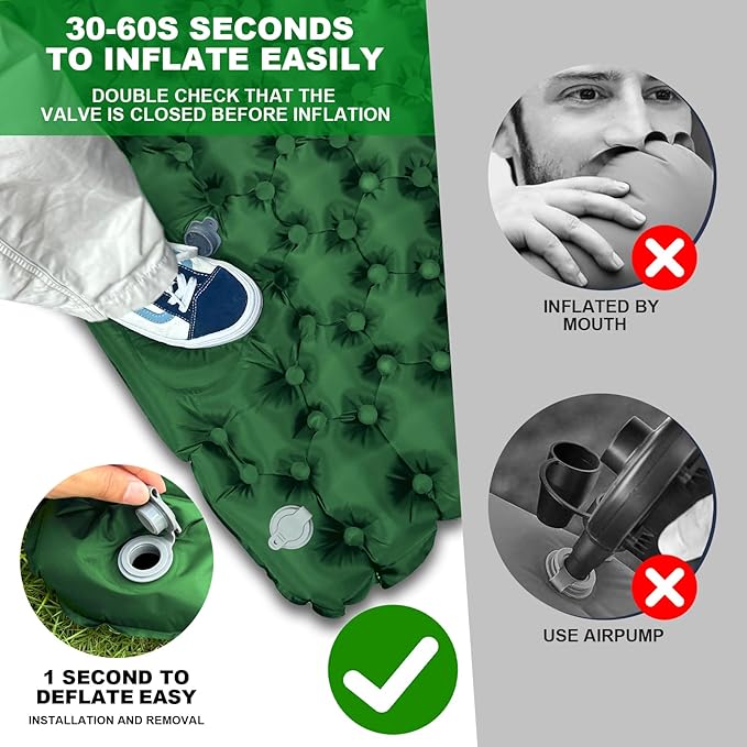 Sleeping Pad for Camping with Built in Pillow Self-Inflating Sleeping Mats with Built-in Foot Pump Ultralight Travel Air Mattress for Camping Backpacking Tent Hiking Green 1Pcs