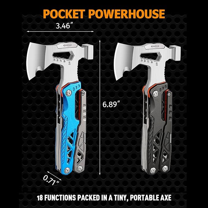 Camping Axe Multitool 17 IN 1, Foldable Camping Essentials Survival Gear Hatchet with Knife, Adjustable Wrench, Hammer, Screwdriver, Outdoor Multi Tool Stainless Steel Mens Gifts(Blue)