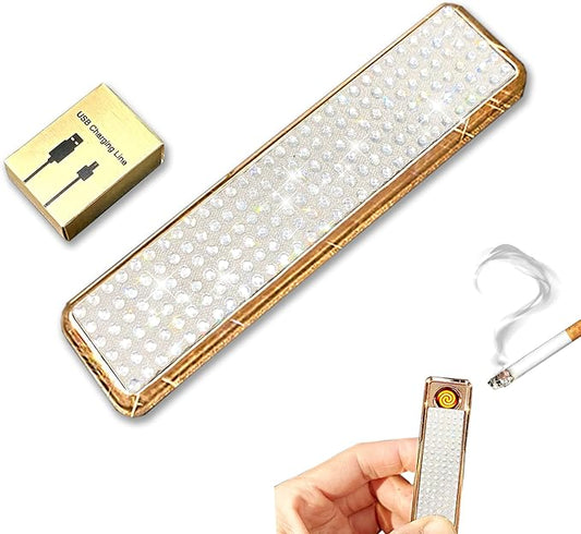 Rhinestone Lighter Electric Lighter Rechargeable Bling Glitter USB Lighter Flameless Girls Lighter for Women (White Sliver)