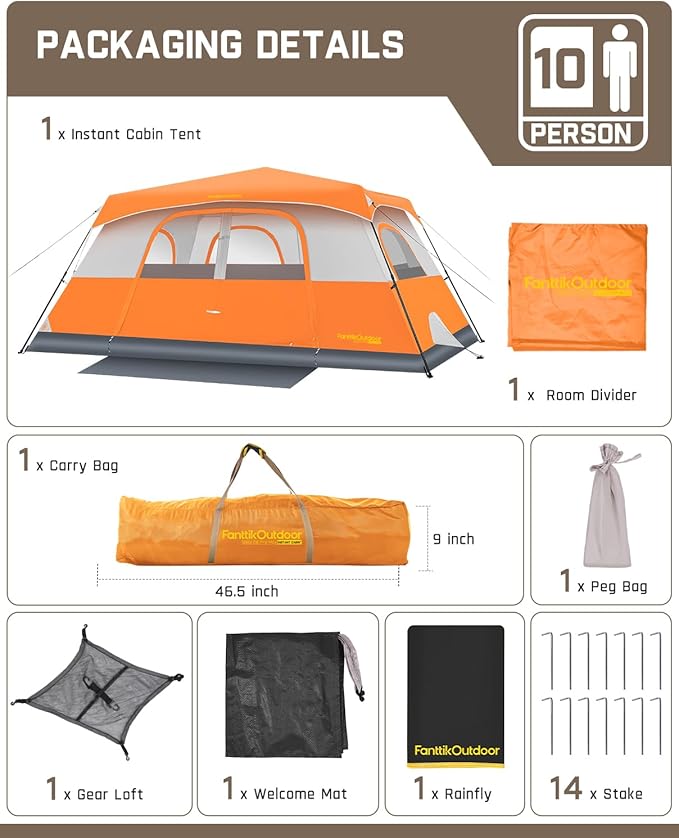 FanttikOutdoor Camping Tent 4/6/8/10 Person Instant Cabin Tent Setup in 60 Seconds with Rainfly & Windproof Portable with Carry Bag for Family Camping & Hiking