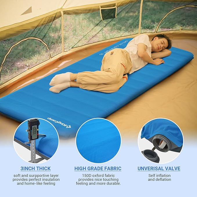 KingCamp Self Inflating Camping Pad 3" Thick Foam Sleeping Mattress 6.1R Value Soft Warm Portable Inflating Air Mat for Travel Hiking Tent,78"x30", Blue