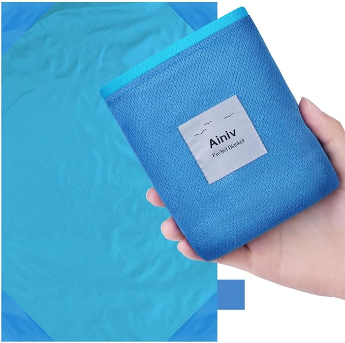 Ainiv Picnic Blanket, Mini Pocket Beach Mat 55.1 x 70.8IN (3-5 People) Foldable, Lightweight Waterproof Sand Free, Foldable Thin Ground Sheet for Outdoor Camping Hiking Travel - with Hand Strap