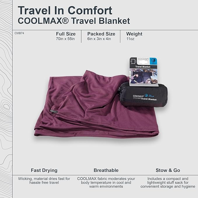 COCOON - Coolmax Travel Blanket | Compact Throw Blanket for Camping and Hiking | Fits in Backpack | Attaches to Luggage | Travel Essential | Fast Drying (Regular 70" x 55")