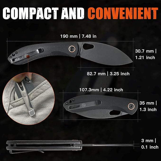 Vosteed EDC Knife, 3.26" Lightweight Folding Pocket Knife with Clip for Men & Women, Nitro-V Steel Black Stonewashed Blade, Thumb Hole, Micarta Handle for Camping, Nightshade Series
