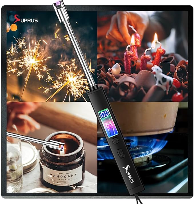 SUPRUS Electric Candle Lighter USB-C Rechargeable with Digital Battery Display Ambient Lighting Safety Switch 360° Flexible Neck Flameless Plasma Windproof Perfect for Candle BBQ Camping (Black)