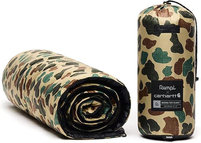 Rumpl Original Puffy Blanket - Warm Puffy Camping Blanket, 100% Recycled Polyester Insulation, Lightweight, Packable, Water-Resistant, Outdoor Puffer Blanket, 52"x75", Carhartt Camo