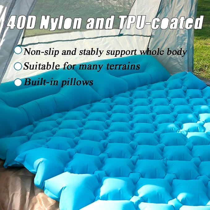 Sleeping Pad for Camping, Inflatable Sleeping Mat with Pillow, Camping Pad with Built-in Foot Pump, Lightweight Camping Mattress Pad for Car Camping, Backpacking, Tent and Hiking (Full (Teal))