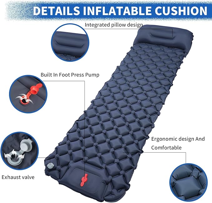 DDD Ultra-Light Inflatable Camping Sleeping Pad with its Built-in Foot Pump and Pillow - The Ultimate Camping pad, Hiking pad, Backpacking Pad and Lightweight for a Outdoor Sleep——Navy Blue
