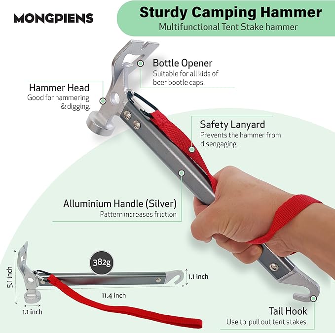 Heavy Duty Tent Stakes Set - 8 Steel Pegs(10inch), Hammer, 13ft Reflective Ropes, Adjusters, and Storage Bag for Camping, Hiking, Backpacking
