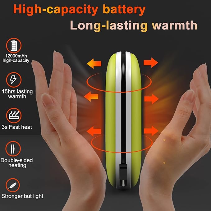 12000mAh Hand Warmers rechargeable & Power Bank 2in1 Battery with charge cable USB Electric Hand Warmer Reusable Portable hot hands Heater Pocket Warmer Handwarmer for Winter outwork Camping Fishing Golf