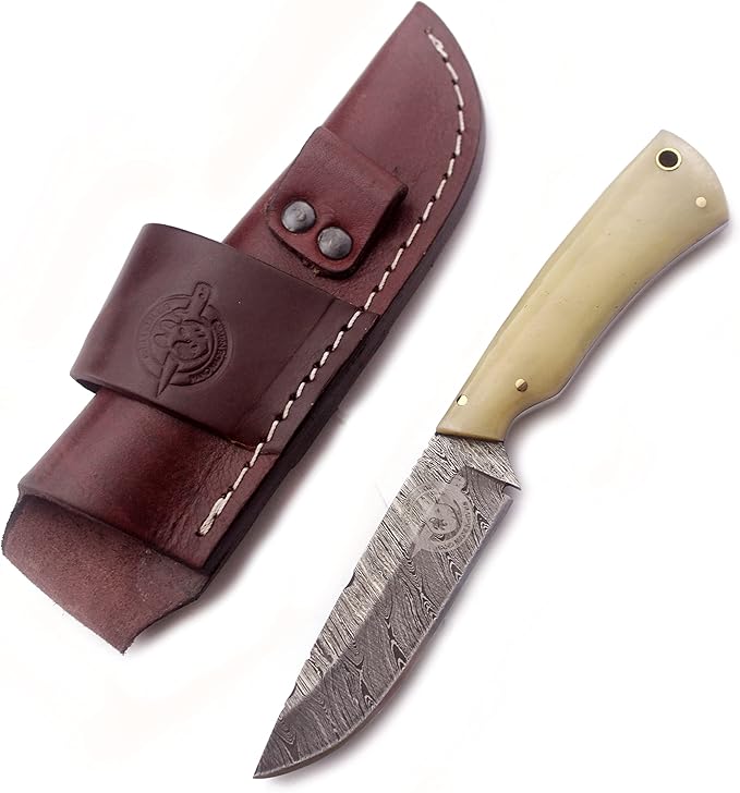 Handmade Damascus Steel Knife for Hunting,Survival,Camping,Bushcraft and Fishing-Fixed Blade Dagger with Drop Point Full Tang-Bone Handle with Cowhide-Leather Sheath DCX 22 -201