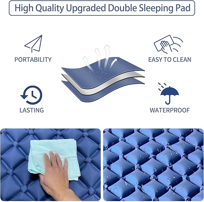 Double Sleeping Pad for Camping, 2 Person Ultralight Inflatable Sleeping Mat with Pillow and Built-in Foot Pump, Portable Camping Mattress for Tent, Backpacking, Hiking, Traveling
