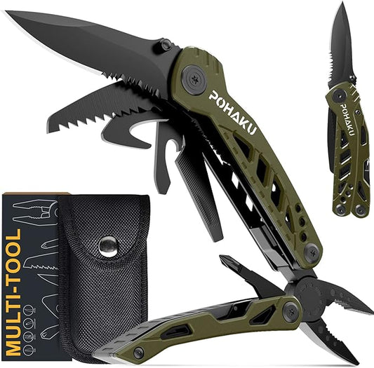 Pohaku Multitool Knife, 13 in 1 Pocket Multitool, Multi Tool with 3" Large Blade, Safety Locking Design, Spring-Action Plier, Durable Nylon Sheath for Outdoor, Camping, Fishing, Survival (Green)