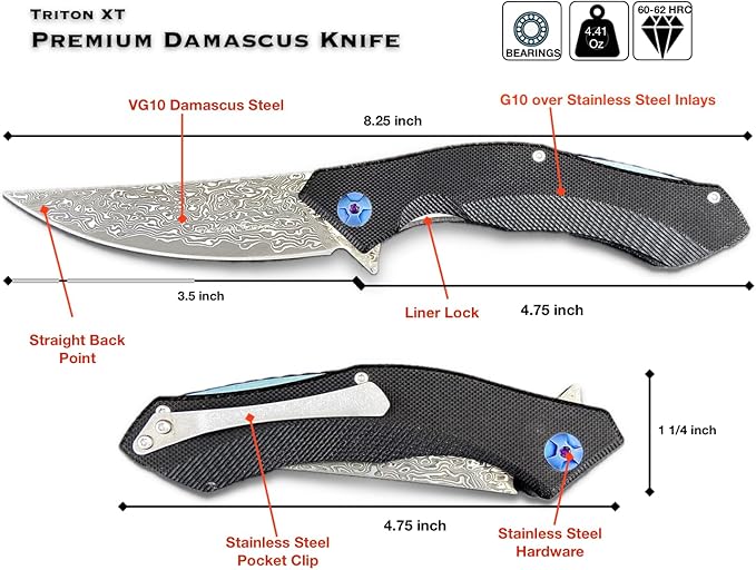 TACTICAL GEARZ EDC Damascus Pocket Folding Knife! G10 Handle! 67 Multi-Layered VG10 Damascus Steel Blade. Includes Sheath! (XT Black)