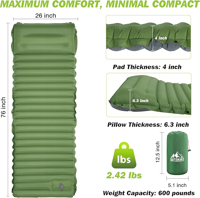 OUTSKIRT Inflatable Sleeping Pad with Built-in Foot Pump, Extra Thickness, Lightweight & Ultra-Comfort Sleeping Mat with Pillow for Camping, Hiking, Backpacking, Traveling, Tent, Green